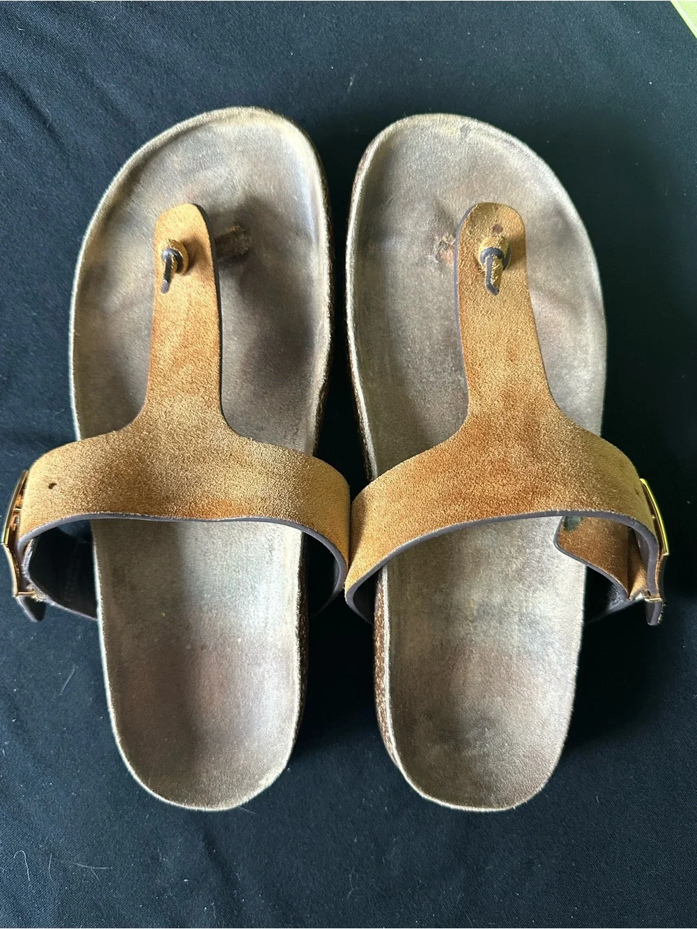 Tory Burch Mellow Thing Suede Cork Toe-Post Sandals Logo Plaque Cognac Tan 8.5
